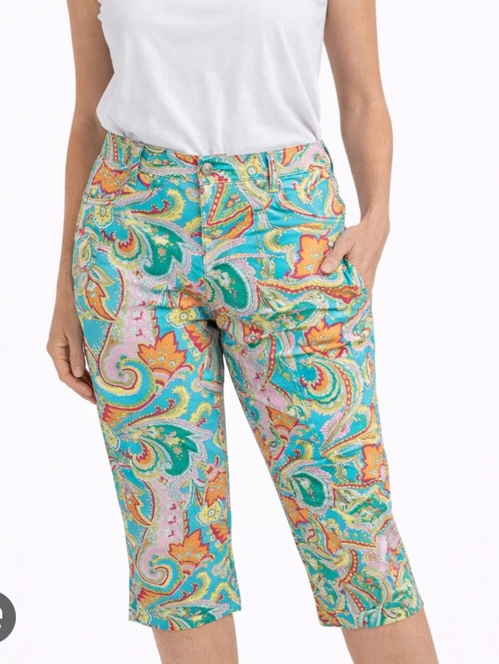 Lauren Ralph Lauren Turquoise Multi Paisley Cotton Capri Pants. Size 14.